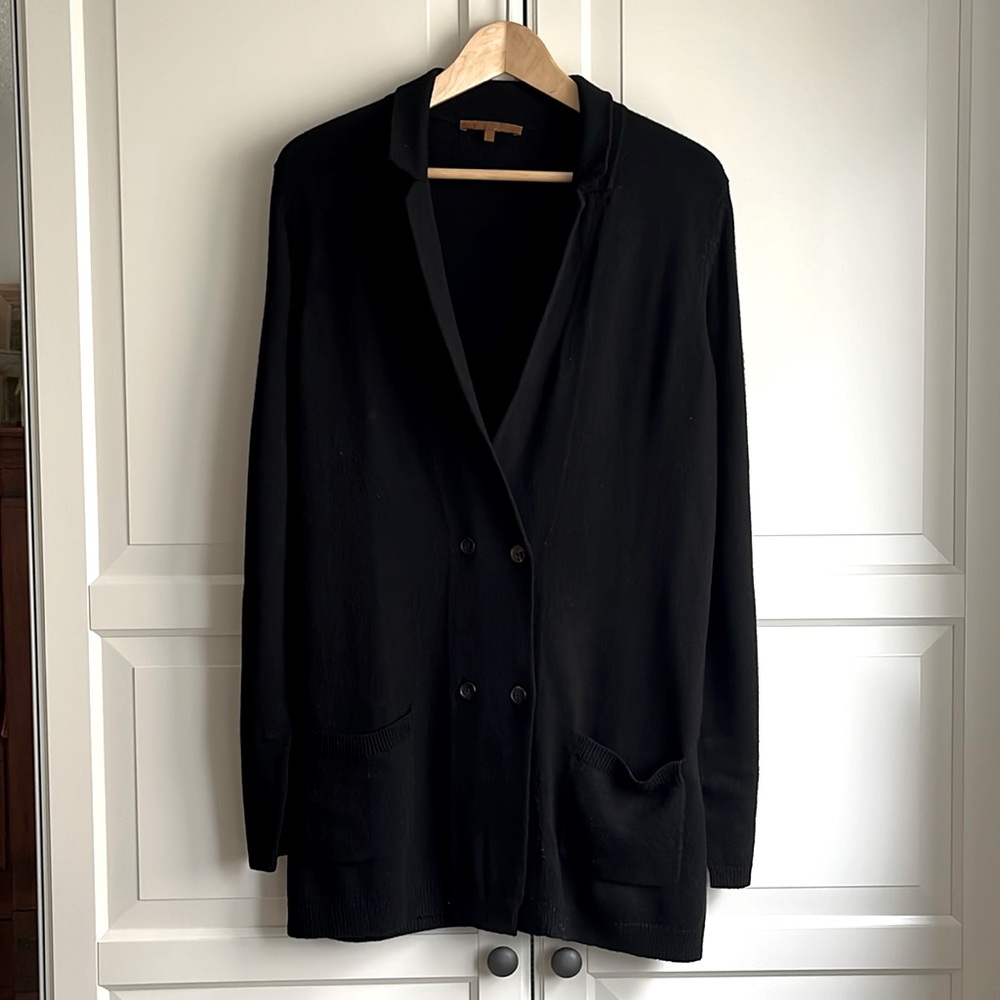Cassis double breasted, suit collar style cardigan in black . Size US M